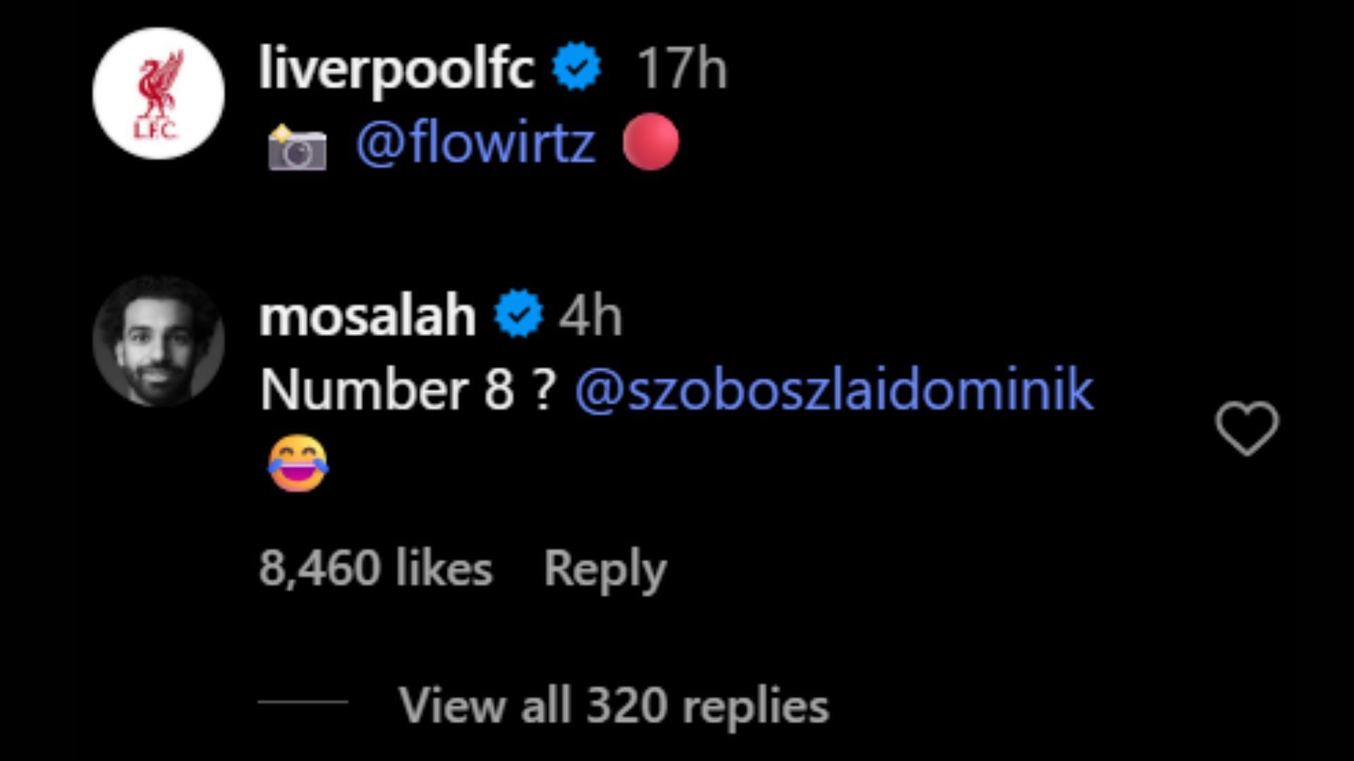 Mohamed Salah's comment (Image via Instagram/@liverpool)